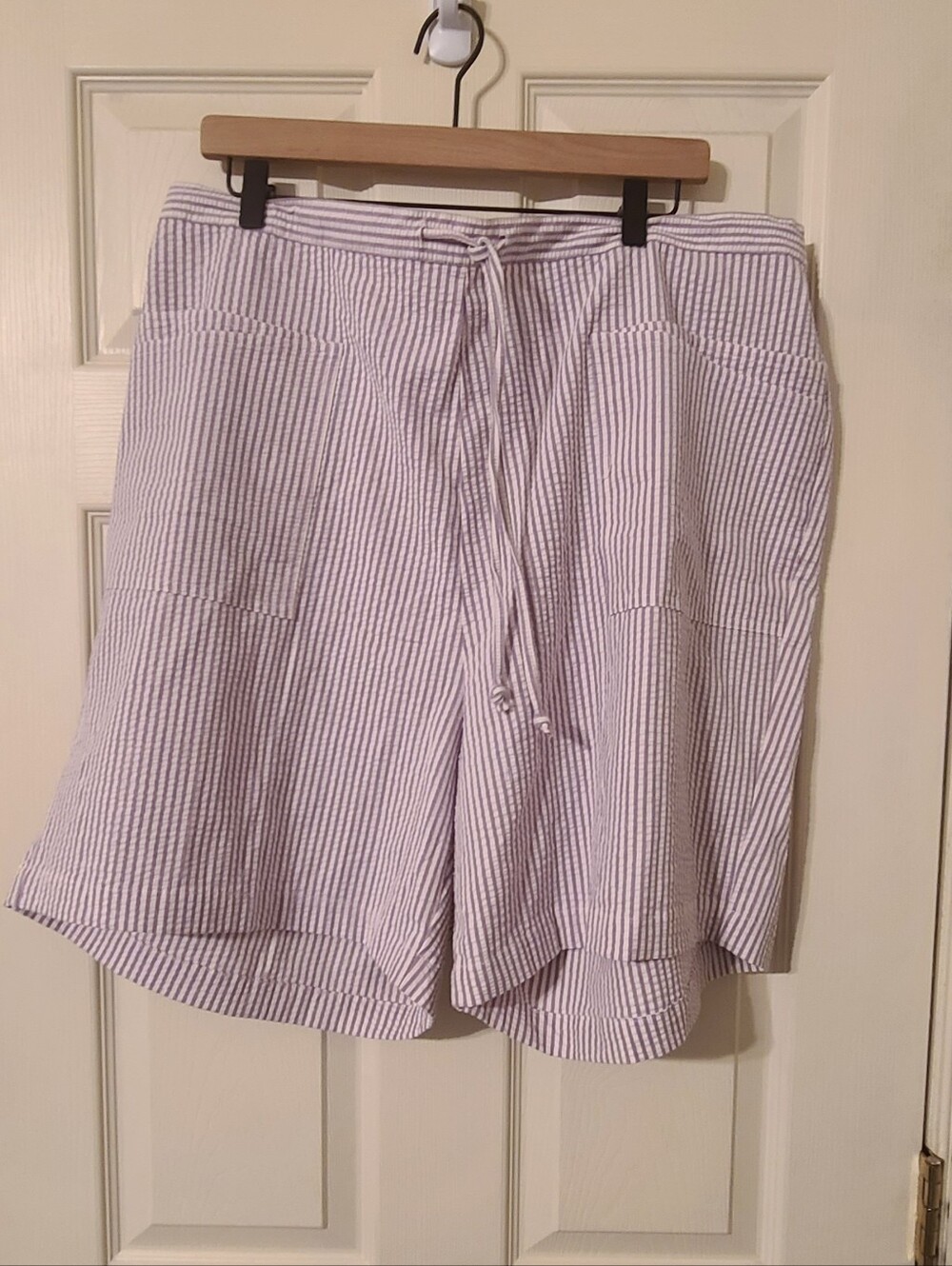 Denim & Co Striped Drawstring Shorts in Light Lavender and White - 2x